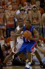 The University of Texas (UT) Longhorns defeated the University of Kansas Jayhawks 72-69 in Austin, Texas on Monday, February 11, 2008.

Filename: SRM_20080211_2137283.jpg
Aperture: f/2.8
Shutter Speed: 1/1000
Body: Canon EOS 20D
Lens: Canon EF 300mm f/2.8 L IS