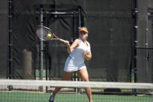 First singles UT sophomore Vanja Corovic defeated CSUS freshman Melissa Valenzuela 6-2, 6-0.  The University of Texas defeated Sacramento State on Saturday, March 22, 2008.

Filename: SRM_20080322_1236225.jpg
Aperture: f/2.8
Shutter Speed: 1/4000
Body: Canon EOS-1D Mark II
Lens: Canon EF 300mm f/2.8 L IS