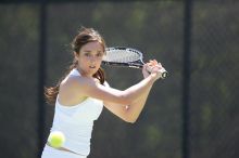 Fourth singles UT freshman Maggie Mello lost to CSUS junior Karina Jarlkaganova 6-7 (2), 4-6.  The University of Texas defeated Sacramento State on Saturday, March 22, 2008.

Filename: SRM_20080322_1258189.jpg
Aperture: f/2.8
Shutter Speed: 1/2000
Body: Canon EOS-1D Mark II
Lens: Canon EF 300mm f/2.8 L IS