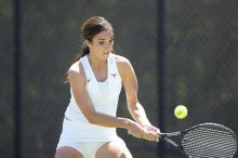 Fourth singles UT freshman Maggie Mello lost to CSUS junior Karina Jarlkaganova 6-7 (2), 4-6.  The University of Texas defeated Sacramento State on Saturday, March 22, 2008.

Filename: SRM_20080322_1258245.jpg
Aperture: f/2.8
Shutter Speed: 1/2000
Body: Canon EOS-1D Mark II
Lens: Canon EF 300mm f/2.8 L IS