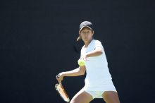 Third singles UT sophomore Stephanie Davison defeated CSUS junior Luba Schifris 7-5, 5-7, 16-14.  The University of Texas defeated Sacramento State on Saturday, March 22, 2008.

Filename: SRM_20080322_1323041.jpg
Aperture: f/2.8
Shutter Speed: 1/2000
Body: Canon EOS-1D Mark II
Lens: Canon EF 300mm f/2.8 L IS