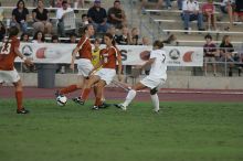 UT senior Stephanie Logterman (#10, Defender) passes to UT senior Courtney Gaines (#23, Midfielder).  The University of Texas women's soccer team tied 0-0 against the Texas A&M Aggies Friday night, September 27, 2008.

Filename: SRM_20080926_1909065.jpg
Aperture: f/4.0
Shutter Speed: 1/800
Body: Canon EOS-1D Mark II
Lens: Canon EF 300mm f/2.8 L IS