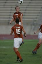 UT senior Kasey Moore (#14, Defender) heads the ball to UT sophomore Erica Campanelli (#19, Defender).  The University of Texas women's soccer team tied 0-0 against the Texas A&M Aggies Friday night, September 27, 2008.

Filename: SRM_20080926_1913222.jpg
Aperture: f/4.0
Shutter Speed: 1/800
Body: Canon EOS-1D Mark II
Lens: Canon EF 300mm f/2.8 L IS