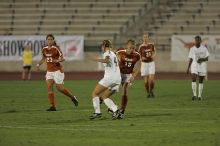 UT freshman Kylie Doniak (#15, Midfielder) takes the ball downfield as UT junior Emily Anderson (#21, Forward) and UT senior Courtney Gaines (#23, Midfielder) watch.  The University of Texas women's soccer team tied 0-0 against the Texas A&M Aggies Friday night, September 27, 2008.

Filename: SRM_20080926_1935066.jpg
Aperture: f/4.0
Shutter Speed: 1/500
Body: Canon EOS-1D Mark II
Lens: Canon EF 300mm f/2.8 L IS