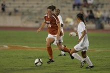 UT senior Kasey Moore (#14, Defender) brings the ball downfield.  The University of Texas women's soccer team tied 0-0 against the Texas A&M Aggies Friday night, September 27, 2008.

Filename: SRM_20080926_1935401.jpg
Aperture: f/4.0
Shutter Speed: 1/400
Body: Canon EOS-1D Mark II
Lens: Canon EF 300mm f/2.8 L IS