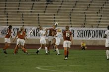 UT senior Stephanie Logterman (#10, Defender) heads the ball as UT freshman Kylie Doniak (#15, Midfielder), UT freshman Lucy Keith (#6, Midfielder), UT senior Courtney Gaines (#23, Midfielder) watch.  The University of Texas women's soccer team tied 0-0 against the Texas A&M Aggies Friday night, September 27, 2008.

Filename: SRM_20080926_1940027.jpg
Aperture: f/4.0
Shutter Speed: 1/640
Body: Canon EOS-1D Mark II
Lens: Canon EF 300mm f/2.8 L IS