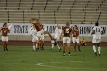 UT freshman Lucy Keith (#6, Midfielder) settles the ball as UT senior Stephanie Logterman (#10, Defender), UT freshman Kylie Doniak (#15, Midfielder), UT senior Courtney Gaines (#23, Midfielder) watch.  The University of Texas women's soccer team tied 0-0 against the Texas A&M Aggies Friday night, September 27, 2008.

Filename: SRM_20080926_1940028.jpg
Aperture: f/4.0
Shutter Speed: 1/500
Body: Canon EOS-1D Mark II
Lens: Canon EF 300mm f/2.8 L IS