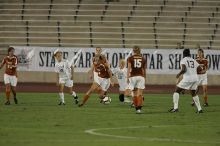 UT freshman Lucy Keith (#6, Midfielder) settles the ball as UT senior Stephanie Logterman (#10, Defender), UT freshman Kylie Doniak (#15, Midfielder), UT senior Courtney Gaines (#23, Midfielder) watch.  The University of Texas women's soccer team tied 0-0 against the Texas A&M Aggies Friday night, September 27, 2008.

Filename: SRM_20080926_1940040.jpg
Aperture: f/4.0
Shutter Speed: 1/500
Body: Canon EOS-1D Mark II
Lens: Canon EF 300mm f/2.8 L IS