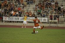 UT senior Kasey Moore (#14, Defender) kicks the ball.  The University of Texas women's soccer team tied 0-0 against the Texas A&M Aggies Friday night, September 27, 2008.

Filename: SRM_20080926_2007222.jpg
Aperture: f/2.8
Shutter Speed: 1/500
Body: Canon EOS-1D Mark II
Lens: Canon EF 300mm f/2.8 L IS