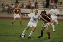 UT junior Emily Anderson (#21, Forward) plays defense on A&M #33.  The University of Texas women's soccer team tied 0-0 against the Texas A&M Aggies Friday night, September 27, 2008.

Filename: SRM_20080926_2027409.jpg
Aperture: f/2.8
Shutter Speed: 1/640
Body: Canon EOS-1D Mark II
Lens: Canon EF 300mm f/2.8 L IS