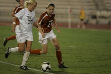 UT junior Emily Anderson (#21, Forward) plays defense on A&M #33.  The University of Texas women's soccer team tied 0-0 against the Texas A&M Aggies Friday night, September 27, 2008.

Filename: SRM_20080926_2027449.jpg
Aperture: f/2.8
Shutter Speed: 1/640
Body: Canon EOS-1D Mark II
Lens: Canon EF 300mm f/2.8 L IS