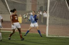 UT senior Dianna Pfenninger (#8, Goalkeeper) catches a shot on goal as UT senior Stephanie Logterman (#10, Defender) watches.  The University of Texas women's soccer team tied 0-0 against the Texas A&M Aggies Friday night, September 27, 2008.

Filename: SRM_20080926_2029146.jpg
Aperture: f/2.8
Shutter Speed: 1/640
Body: Canon EOS-1D Mark II
Lens: Canon EF 300mm f/2.8 L IS