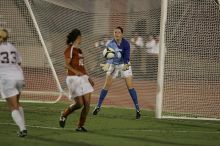 UT senior Dianna Pfenninger (#8, Goalkeeper) catches a shot on goal as UT senior Stephanie Logterman (#10, Defender) watches.  The University of Texas women's soccer team tied 0-0 against the Texas A&M Aggies Friday night, September 27, 2008.

Filename: SRM_20080926_2029167.jpg
Aperture: f/2.8
Shutter Speed: 1/640
Body: Canon EOS-1D Mark II
Lens: Canon EF 300mm f/2.8 L IS