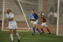 UT senior Dianna Pfenninger (#8, Goalkeeper) catches a shot on goal as UT sophomore Erica Campanelli (#19, Defender) watches.  The University of Texas women's soccer team tied 0-0 against the Texas A&M Aggies Friday night, September 27, 2008.

Filename: SRM_20080926_2029183.jpg
Aperture: f/2.8
Shutter Speed: 1/640
Body: Canon EOS-1D Mark II
Lens: Canon EF 300mm f/2.8 L IS