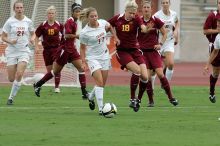 UT sophomore Niki Arlitt (#11, Forward) passes the ball to UT sophomore Alisha Ortiz (#12, Forward).  The University of Texas women's soccer team won 2-1 against the Iowa State Cyclones Sunday afternoon, October 5, 2008.

Filename: SRM_20081005_11594490.jpg
Aperture: f/8.0
Shutter Speed: 1/640
Body: Canon EOS-1D Mark II
Lens: Canon EF 300mm f/2.8 L IS