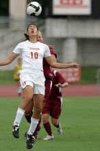 UT senior Stephanie Logterman (#10, Defender) heads the ball.  The University of Texas women's soccer team won 2-1 against the Iowa State Cyclones Sunday afternoon, October 5, 2008.

Filename: SRM_20081005_12025417.jpg
Aperture: f/5.6
Shutter Speed: 1/1600
Body: Canon EOS-1D Mark II
Lens: Canon EF 300mm f/2.8 L IS
