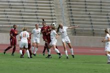 UT freshman Lucy Keith (#6, Midfielder) goes up for the header as UT freshman Kylie Doniak (#15, Midfielder), UT senior Kasey Moore (#14, Defender), and UT sophomore Niki Arlitt (#11, Forward) watch.  The University of Texas women's soccer team won 2-1 against the Iowa State Cyclones Sunday afternoon, October 5, 2008.

Filename: SRM_20081005_12072495.jpg
Aperture: f/5.6
Shutter Speed: 1/2000
Body: Canon EOS-1D Mark II
Lens: Canon EF 300mm f/2.8 L IS