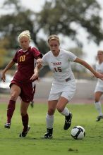 UT freshman Kylie Doniak (#15, Midfielder).  The University of Texas women's soccer team won 2-1 against the Iowa State Cyclones Sunday afternoon, October 5, 2008.

Filename: SRM_20081005_12260866.jpg
Aperture: f/5.6
Shutter Speed: 1/2000
Body: Canon EOS-1D Mark II
Lens: Canon EF 300mm f/2.8 L IS