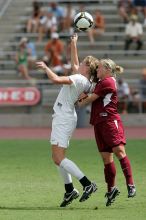 UT freshman Kylie Doniak (#15, Midfielder) fights for the header in the second half.  The University of Texas women's soccer team won 2-1 against the Iowa State Cyclones Sunday afternoon, October 5, 2008.

Filename: SRM_20081005_13091425.jpg
Aperture: f/5.6
Shutter Speed: 1/2000
Body: Canon EOS-1D Mark II
Lens: Canon EF 300mm f/2.8 L IS