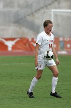 UT senior Kasey Moore (#14, Defender) in the second half.  The University of Texas women's soccer team won 2-1 against the Iowa State Cyclones Sunday afternoon, October 5, 2008.

Filename: SRM_20081005_13092230.jpg
Aperture: f/5.6
Shutter Speed: 1/2000
Body: Canon EOS-1D Mark II
Lens: Canon EF 300mm f/2.8 L IS