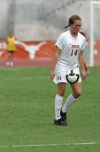 UT senior Kasey Moore (#14, Defender) in the second half.  The University of Texas women's soccer team won 2-1 against the Iowa State Cyclones Sunday afternoon, October 5, 2008.

Filename: SRM_20081005_13092231.jpg
Aperture: f/5.6
Shutter Speed: 1/2000
Body: Canon EOS-1D Mark II
Lens: Canon EF 300mm f/2.8 L IS