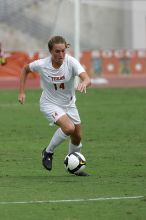 UT senior Kasey Moore (#14, Defender) in the second half.  The University of Texas women's soccer team won 2-1 against the Iowa State Cyclones Sunday afternoon, October 5, 2008.

Filename: SRM_20081005_13092636.jpg
Aperture: f/5.6
Shutter Speed: 1/2000
Body: Canon EOS-1D Mark II
Lens: Canon EF 300mm f/2.8 L IS