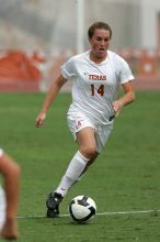 UT senior Kasey Moore (#14, Defender) in the second half.  The University of Texas women's soccer team won 2-1 against the Iowa State Cyclones Sunday afternoon, October 5, 2008.

Filename: SRM_20081005_13092841.jpg
Aperture: f/5.6
Shutter Speed: 1/2500
Body: Canon EOS-1D Mark II
Lens: Canon EF 300mm f/2.8 L IS