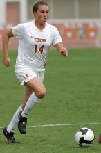 UT senior Kasey Moore (#14, Defender) in the second half.  The University of Texas women's soccer team won 2-1 against the Iowa State Cyclones Sunday afternoon, October 5, 2008.

Filename: SRM_20081005_13092845.jpg
Aperture: f/5.6
Shutter Speed: 1/2000
Body: Canon EOS-1D Mark II
Lens: Canon EF 300mm f/2.8 L IS