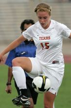 UT freshman Kylie Doniak (#15, Midfielder) in the second half.  The University of Texas women's soccer team won 2-1 against the Iowa State Cyclones Sunday afternoon, October 5, 2008.

Filename: SRM_20081005_13164237.jpg
Aperture: f/5.6
Shutter Speed: 1/1600
Body: Canon EOS-1D Mark II
Lens: Canon EF 300mm f/2.8 L IS