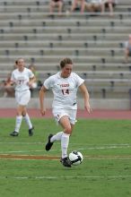 UT senior Kasey Moore (#14, Defender) takes the ball upfield in the second half.  The University of Texas women's soccer team won 2-1 against the Iowa State Cyclones Sunday afternoon, October 5, 2008.

Filename: SRM_20081005_13175062.jpg
Aperture: f/5.6
Shutter Speed: 1/1250
Body: Canon EOS-1D Mark II
Lens: Canon EF 300mm f/2.8 L IS