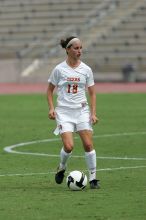 UT sophomore Erica Campanelli (#19, Defender) in the second half.  The University of Texas women's soccer team won 2-1 against the Iowa State Cyclones Sunday afternoon, October 5, 2008.

Filename: SRM_20081005_13233638.jpg
Aperture: f/5.6
Shutter Speed: 1/2000
Body: Canon EOS-1D Mark II
Lens: Canon EF 300mm f/2.8 L IS