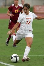 UT sophomore Alisha Ortiz (#12, Forward) in the second half.  The University of Texas women's soccer team won 2-1 against the Iowa State Cyclones Sunday afternoon, October 5, 2008.

Filename: SRM_20081005_13280676.jpg
Aperture: f/5.6
Shutter Speed: 1/1600
Body: Canon EOS-1D Mark II
Lens: Canon EF 300mm f/2.8 L IS