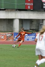 UT senior Dianna Pfenninger (#8, Goalkeeper) kicks the ball upfield in the second half.  The University of Texas women's soccer team won 2-1 against the Iowa State Cyclones Sunday afternoon, October 5, 2008.