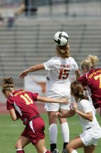 UT freshman Kylie Doniak (#15, Midfielder) with the header in the second half.  The University of Texas women's soccer team won 2-1 against the Iowa State Cyclones Sunday afternoon, October 5, 2008.

Filename: SRM_20081005_13412048.jpg
Aperture: f/5.6
Shutter Speed: 1/2500
Body: Canon EOS-1D Mark II
Lens: Canon EF 300mm f/2.8 L IS