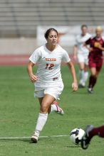 UT sophomore Alisha Ortiz (#12, Forward) in the second half.  The University of Texas women's soccer team won 2-1 against the Iowa State Cyclones Sunday afternoon, October 5, 2008.

Filename: SRM_20081005_13424872.jpg
Aperture: f/5.6
Shutter Speed: 1/3200
Body: Canon EOS-1D Mark II
Lens: Canon EF 300mm f/2.8 L IS