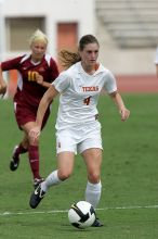 UT senior Jill Gilbeau (#4, Defender and Midfielder) in the second half.  The University of Texas women's soccer team won 2-1 against the Iowa State Cyclones Sunday afternoon, October 5, 2008.

Filename: SRM_20081005_13454004.jpg
Aperture: f/5.6
Shutter Speed: 1/2000
Body: Canon EOS-1D Mark II
Lens: Canon EF 300mm f/2.8 L IS