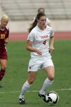 UT senior Jill Gilbeau (#4, Defender and Midfielder) in the second half.  The University of Texas women's soccer team won 2-1 against the Iowa State Cyclones Sunday afternoon, October 5, 2008.

Filename: SRM_20081005_13454206.jpg
Aperture: f/5.6
Shutter Speed: 1/2500
Body: Canon EOS-1D Mark II
Lens: Canon EF 300mm f/2.8 L IS