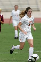UT senior Jill Gilbeau (#4, Defender and Midfielder) in the second half.  The University of Texas women's soccer team won 2-1 against the Iowa State Cyclones Sunday afternoon, October 5, 2008.

Filename: SRM_20081005_13454207.jpg
Aperture: f/5.6
Shutter Speed: 1/2000
Body: Canon EOS-1D Mark II
Lens: Canon EF 300mm f/2.8 L IS