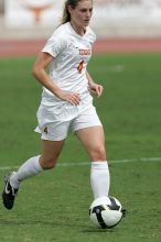 UT senior Jill Gilbeau (#4, Defender and Midfielder) in the second half.  The University of Texas women's soccer team won 2-1 against the Iowa State Cyclones Sunday afternoon, October 5, 2008.

Filename: SRM_20081005_13454411.jpg
Aperture: f/5.6
Shutter Speed: 1/2500
Body: Canon EOS-1D Mark II
Lens: Canon EF 300mm f/2.8 L IS