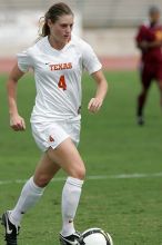 UT senior Jill Gilbeau (#4, Defender and Midfielder) in the second half.  The University of Texas women's soccer team won 2-1 against the Iowa State Cyclones Sunday afternoon, October 5, 2008.

Filename: SRM_20081005_13454413.jpg
Aperture: f/5.6
Shutter Speed: 1/2000
Body: Canon EOS-1D Mark II
Lens: Canon EF 300mm f/2.8 L IS