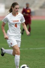 UT senior Jill Gilbeau (#4, Defender and Midfielder) in the second half.  The University of Texas women's soccer team won 2-1 against the Iowa State Cyclones Sunday afternoon, October 5, 2008.

Filename: SRM_20081005_13454414.jpg
Aperture: f/5.6
Shutter Speed: 1/2000
Body: Canon EOS-1D Mark II
Lens: Canon EF 300mm f/2.8 L IS