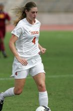 UT senior Jill Gilbeau (#4, Defender and Midfielder) in the second half.  The University of Texas women's soccer team won 2-1 against the Iowa State Cyclones Sunday afternoon, October 5, 2008.

Filename: SRM_20081005_13454416.jpg
Aperture: f/5.6
Shutter Speed: 1/2500
Body: Canon EOS-1D Mark II
Lens: Canon EF 300mm f/2.8 L IS