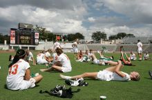 The team stretches after the match.  The University of Texas women's soccer team won 2-1 against the Iowa State Cyclones Sunday afternoon, October 5, 2008.

Filename: SRM_20081005_13532653.jpg
Aperture: f/11.0
Shutter Speed: 1/320
Body: Canon EOS-1D Mark II
Lens: Canon EF 16-35mm f/2.8 L