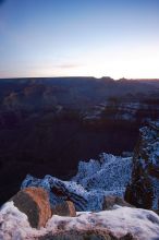 First sunrise of the new year at the south rim of the Grand Canyon, Thursday January 1, 2009.  The temperature was as low as 15 F the night before with a foot and a half of snow on the ground.  Luckily sunrise wasn't until 7:40.

Filename: SRM_20090101_07123189.JPG
Aperture: f/11.0
Shutter Speed: 15/1
Body: Canon EOS-1D Mark II
Lens: Canon EF 16-35mm f/2.8 L
