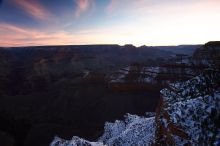 First sunrise of the new year at the south rim of the Grand Canyon, Thursday January 1, 2009.  The temperature was as low as 15 F the night before with a foot and a half of snow on the ground.  Luckily sunrise wasn't until 7:40.

Filename: SRM_20090101_07291700.JPG
Aperture: f/16.0
Shutter Speed: 25/10
Body: Canon EOS-1D Mark II
Lens: Canon EF 16-35mm f/2.8 L