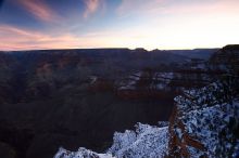 First sunrise of the new year at the south rim of the Grand Canyon, Thursday January 1, 2009.  The temperature was as low as 15 F the night before with a foot and a half of snow on the ground.  Luckily sunrise wasn't until 7:40.

Filename: SRM_20090101_07293601.JPG
Aperture: f/16.0
Shutter Speed: 32/10
Body: Canon EOS-1D Mark II
Lens: Canon EF 16-35mm f/2.8 L