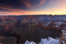 First sunrise of the new year at the south rim of the Grand Canyon, Thursday January 1, 2009.  The temperature was as low as 15 F the night before with a foot and a half of snow on the ground.  Luckily sunrise wasn't until 7:40.

Filename: SRM_20090101_07321202.JPG
Aperture: f/16.0
Shutter Speed: 32/10
Body: Canon EOS-1D Mark II
Lens: Canon EF 16-35mm f/2.8 L