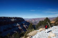 Beth Marek hiking down the South Kaibab trail, backpacking the Grand Canyon with Beth, Thursday, January 1, 2009.

Filename: SRM_20090101_12012362.jpg
Aperture: f/16.0
Shutter Speed: 1/200
Body: Canon EOS-1D Mark II
Lens: Canon EF 16-35mm f/2.8 L