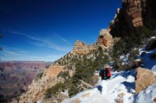 Beth Marek hiking down the South Kaibab trail, backpacking the Grand Canyon with Beth, Thursday, January 1, 2009.

Filename: SRM_20090101_12100573.jpg
Aperture: f/16.0
Shutter Speed: 1/160
Body: Canon EOS-1D Mark II
Lens: Canon EF 16-35mm f/2.8 L