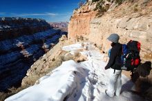 Beth Marek hiking down the South Kaibab trail, backpacking the Grand Canyon with Beth, Thursday, January 1, 2009.

Filename: SRM_20090101_12173984.jpg
Aperture: f/11.0
Shutter Speed: 1/100
Body: Canon EOS-1D Mark II
Lens: Canon EF 16-35mm f/2.8 L